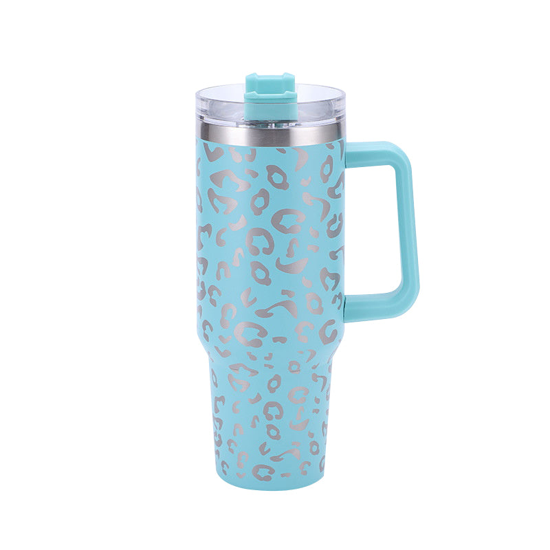 40oz Leopard Print Stainless Steel Insulated Car Tumbler with Handle & Straw – Coffee Thermos Travel Mug