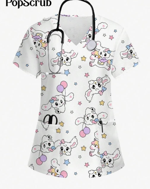Plus Size Women's Vibrant Print Scrub Top Casual V-Neck Short Sleeve