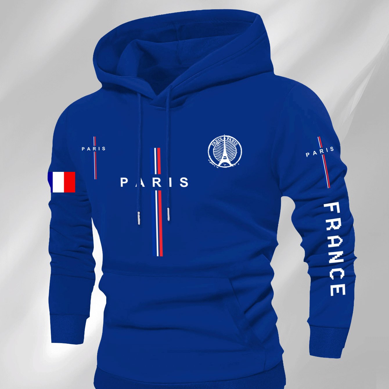Men’s Casual Paris Graphic Hooded Sweatshirt – Geometric Print with Eiffel Tower & French Flag Stripes, Regular Fit, Beige, Autumn/Winter Casual Apparel