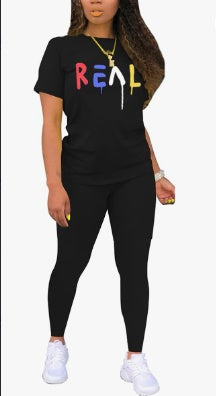 Women's Alphabet Printed Round Neck T-Shirt And Leggings Set