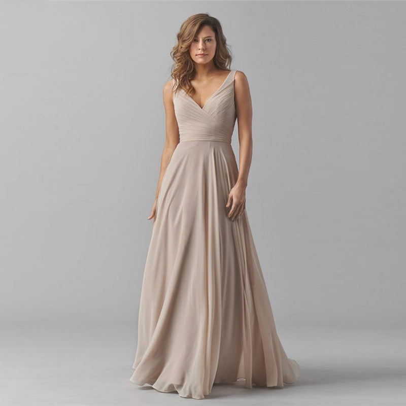 Long Chiffon Sleeveless Bridesmaid Dress Deep V Halter