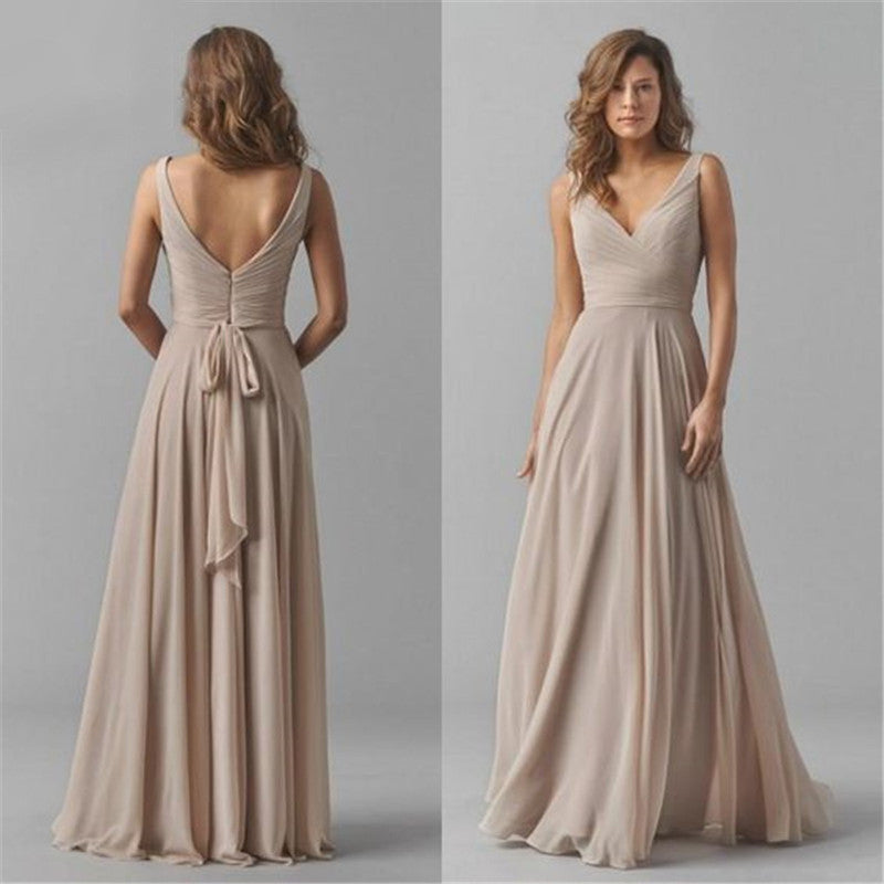 Long Chiffon Sleeveless Bridesmaid Dress Deep V Halter