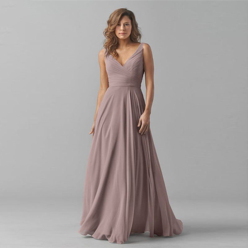 Long Chiffon Sleeveless Bridesmaid Dress Deep V Halter