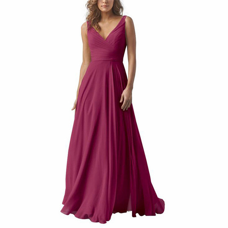Long Chiffon Sleeveless Bridesmaid Dress Deep V Halter