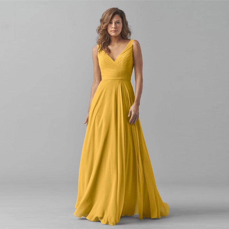 Long Chiffon Sleeveless Bridesmaid Dress Deep V Halter