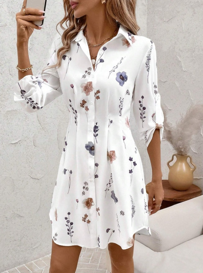 Women's Autumn Winter Fashionable Versatile Commuter Floral Print Shirt Dress
