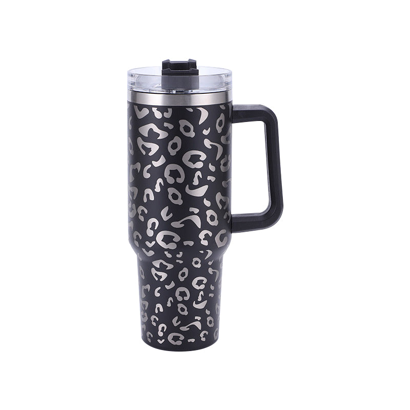 40oz Leopard Print Stainless Steel Insulated Car Tumbler with Handle & Straw – Coffee Thermos Travel Mug