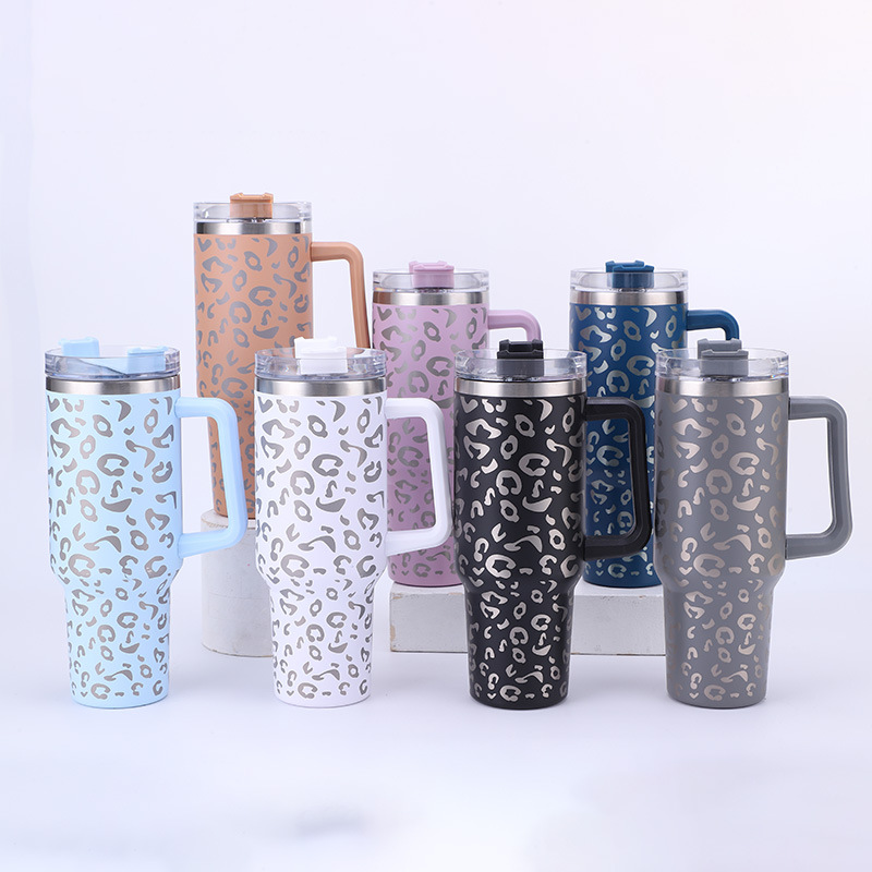 40oz Leopard Print Stainless Steel Insulated Car Tumbler with Handle & Straw – Coffee Thermos Travel Mug