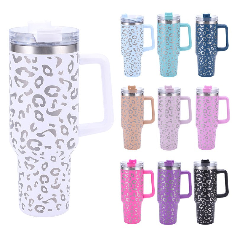 40oz Leopard Print Stainless Steel Insulated Car Tumbler with Handle & Straw – Coffee Thermos Travel Mug