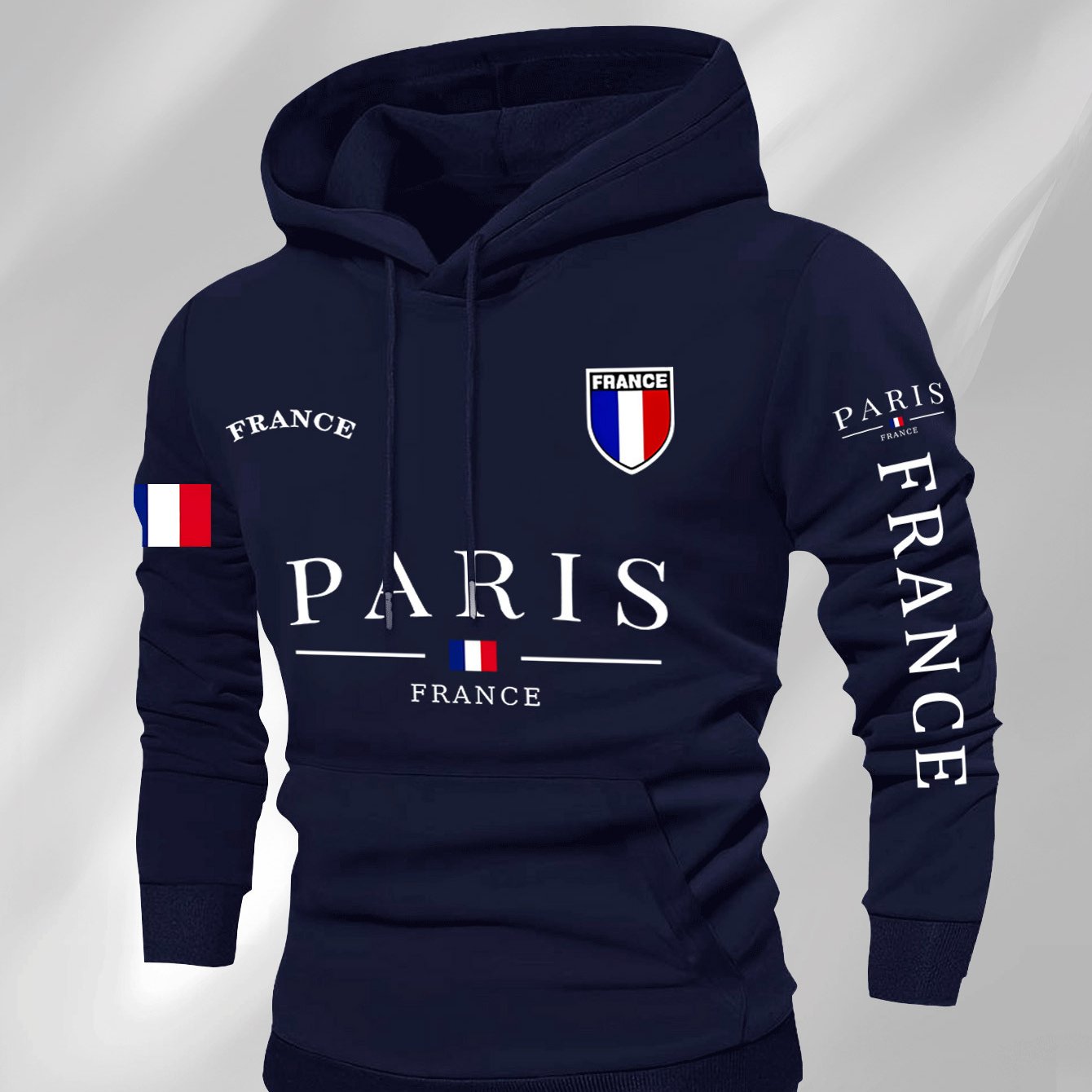 Men'S Navy Blue Hoodie - Paris France Graphic Pullover Sweatshirt, Long Sleeve Hooded Sweater for Fall/Winter, Streetwear Essential Urban Fashion Top for Everyday & Formal Outfits, Sweater Hoodie, Casual Wear, Geometric Patte