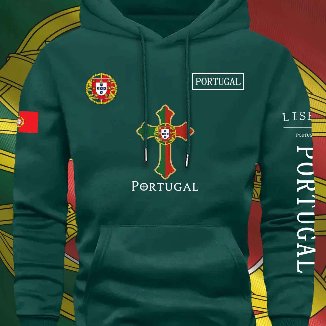 KOURRTER Men'S & Women'S Casual Hoodie - Autumn Winter Sporty Outdoor Hooded Sweatshirt with Portugal Flag & Cross Design, Comfortable Regular Fit with Pockets, Sweater Hoodie