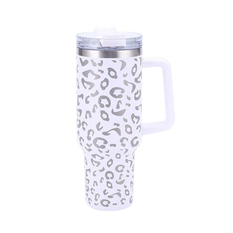 40oz Leopard Print Stainless Steel Insulated Car Tumbler with Handle & Straw – Coffee Thermos Travel Mug