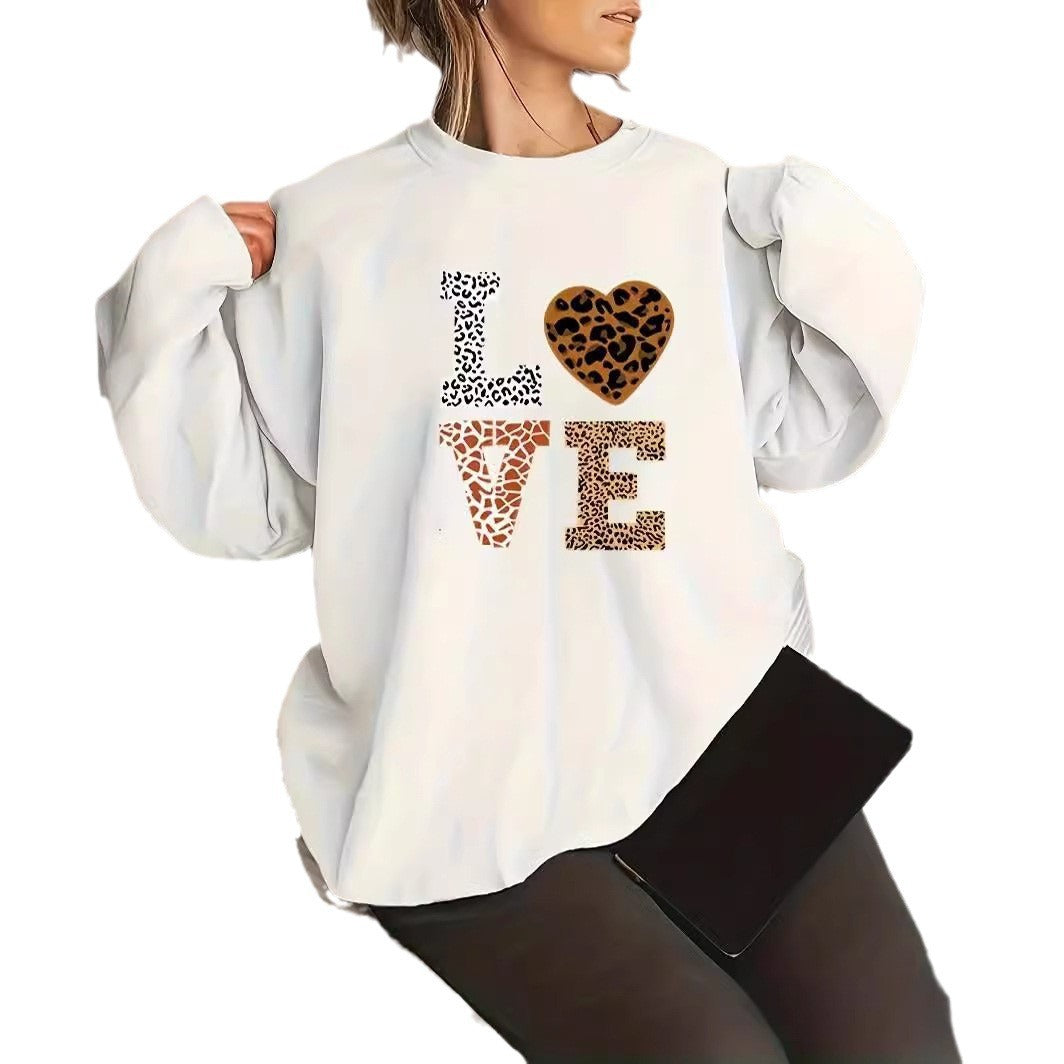 Pull à col rond imprimé léopard Love grande taille pour filles