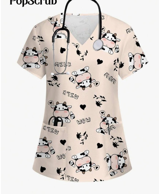 Plus Size Women's Vibrant Print Scrub Top Casual V