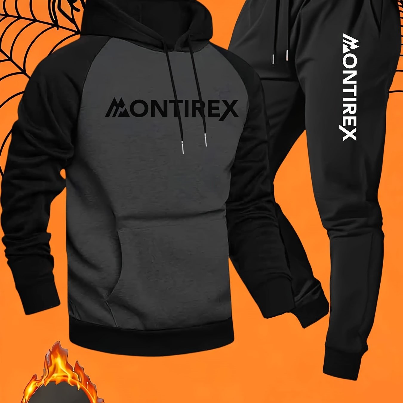 Men’s Two-Tone Hoodie & Sweatpants Set – “MONTIREX” Print, Grey Casual Fall/Winter Tracksuit with Pockets, Regular Fit, Comfortable Outdoor Outfit