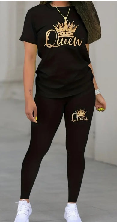 Women's Alphabet Printed Round Neck T-Shirt And Leggings Set