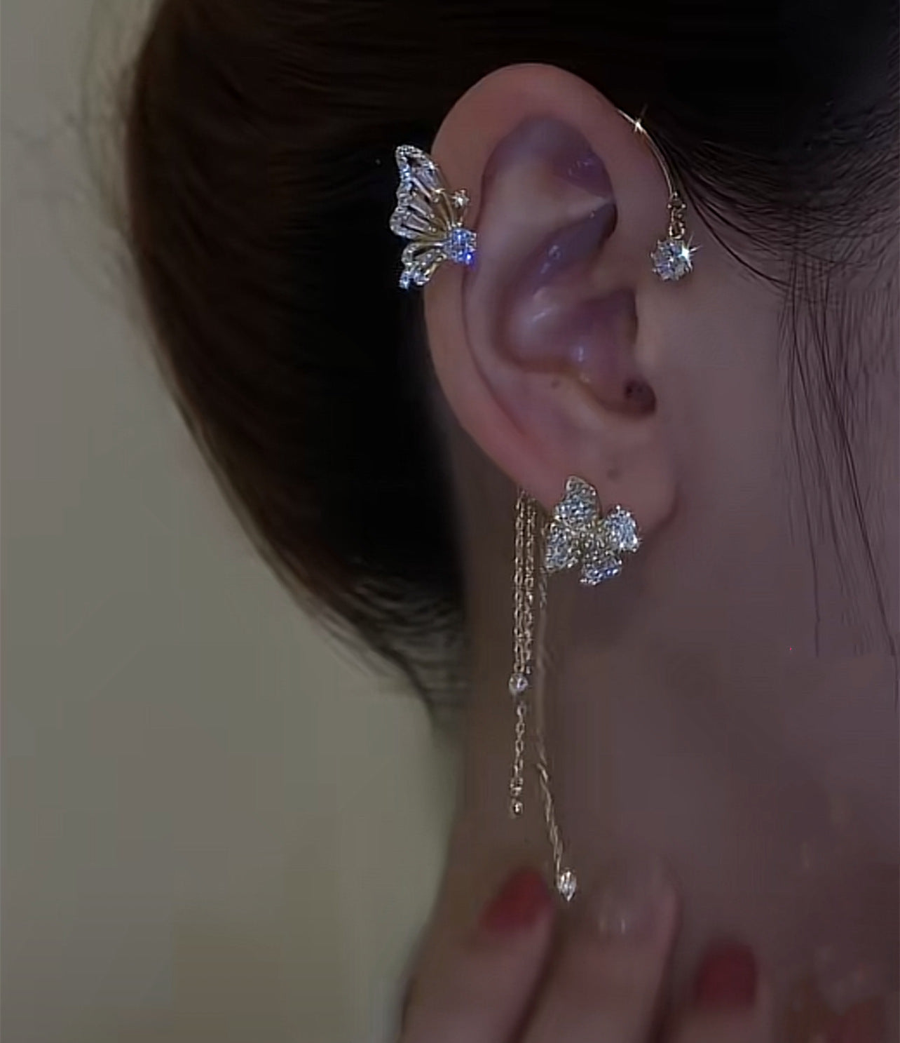 Light And Luxurious Full Zirconium Butterfly Flower Tassel Earrings Without Pierced Color Preservation