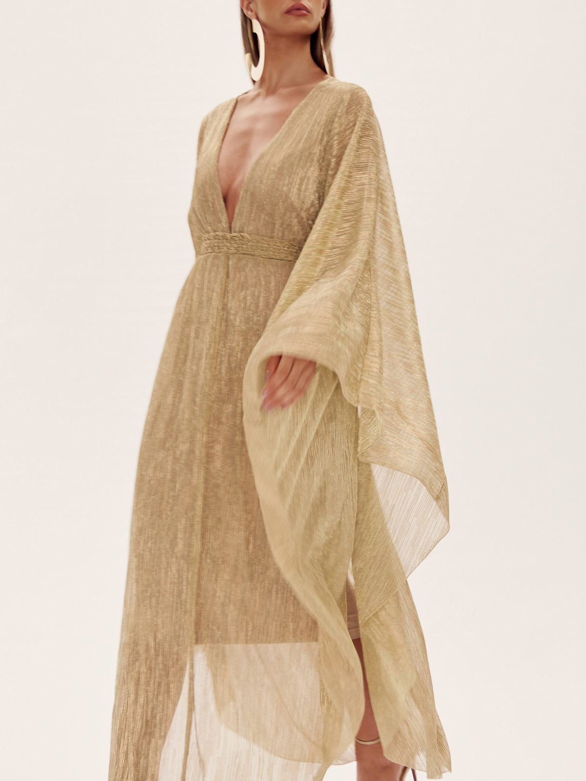 Champagne Deep V Pleated Dolman Sleeve Dress