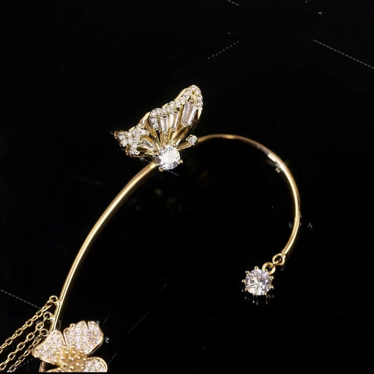 Light And Luxurious Full Zirconium Butterfly Flower Tassel Earrings Without Pierced Color Preservation