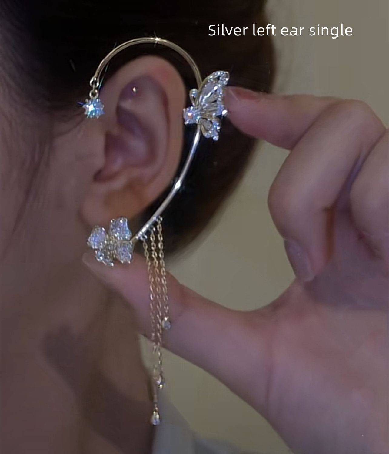 Light And Luxurious Full Zirconium Butterfly Flower Tassel Earrings Without Pierced Color Preservation