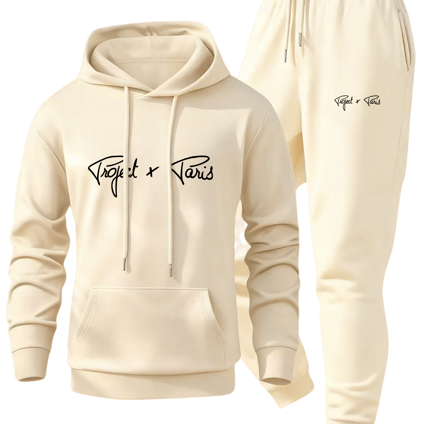 Autumn and Winter Men'S Fleece-Lined Thickened Hooded Sweatshirt and Jogger Casual Sport Two-Piece Set, Polyester Fabric, Project X Paris Letter Print - 2pcs, Knit, Casual Sport Two-piece Set