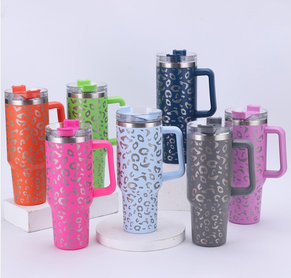 40oz Leopard Print Stainless Steel Insulated Car Tumbler with Handle & Straw – Coffee Thermos Travel Mug