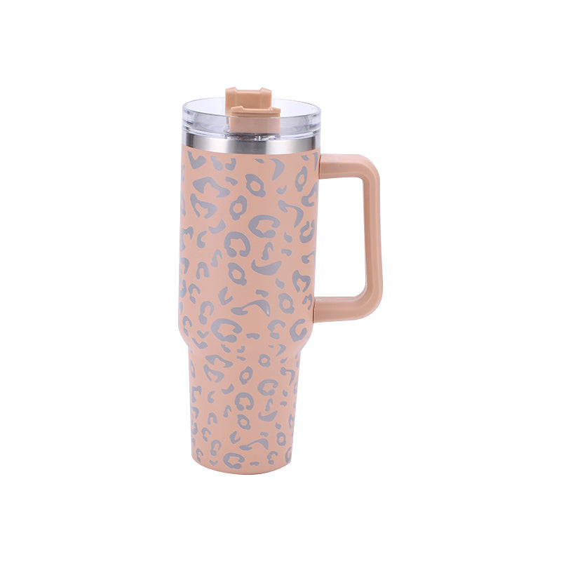 40oz Leopard Print Stainless Steel Insulated Car Tumbler with Handle & Straw – Coffee Thermos Travel Mug