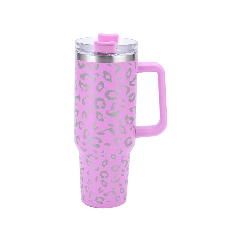 40oz Leopard Print Stainless Steel Insulated Car Tumbler with Handle & Straw – Coffee Thermos Travel Mug
