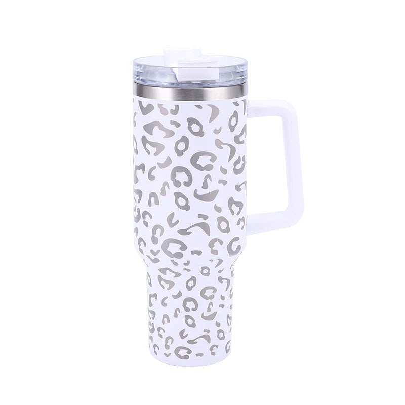 40oz Leopard Print Stainless Steel Insulated Car Tumbler with Handle & Straw – Coffee Thermos Travel Mug