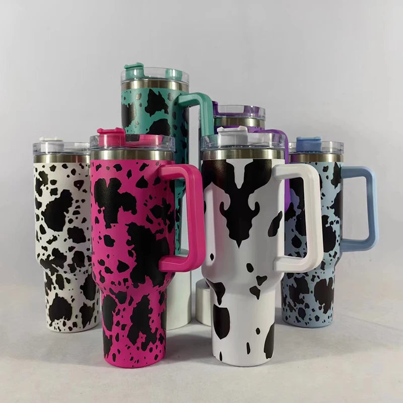 40oz Leopard Print Stainless Steel Insulated Car Tumbler with Handle & Straw – Coffee Thermos Travel Mug