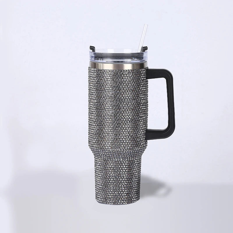 Thermos Vacuum Cup Shiny Diamonds Coffee Insulated Bottle with Handle Stainless Steel Car Mug Maintains Heat Cold 40oz Bottle
