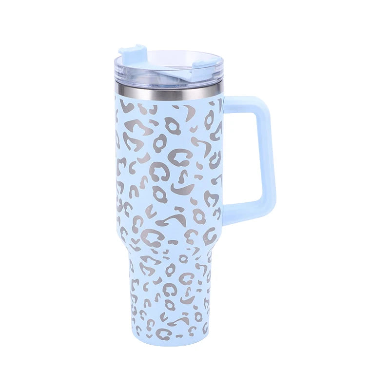 40oz Leopard Print Stainless Steel Insulated Car Tumbler with Handle & Straw – Coffee Thermos Travel Mug