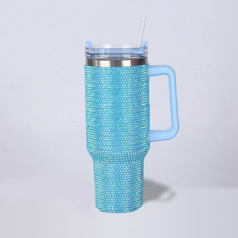 Thermos Vacuum Cup Shiny Diamonds Coffee Insulated Bottle with Handle Stainless Steel Car Mug Maintains Heat Cold 40oz Bottle