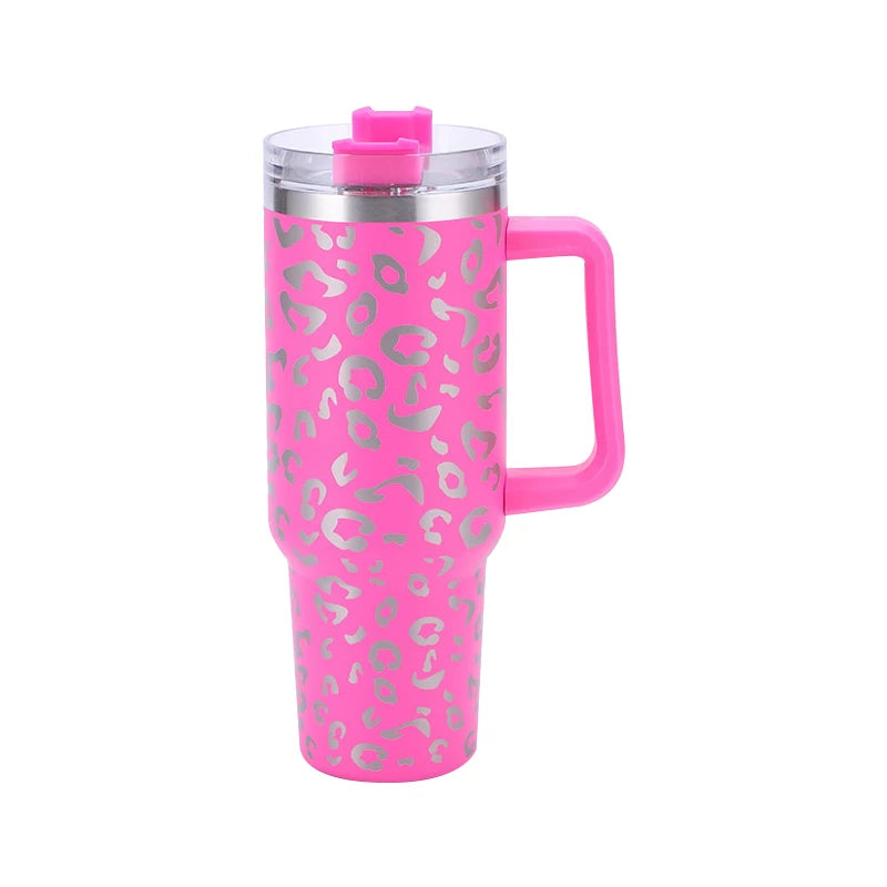 40oz Leopard Print Stainless Steel Insulated Car Tumbler with Handle & Straw – Coffee Thermos Travel Mug