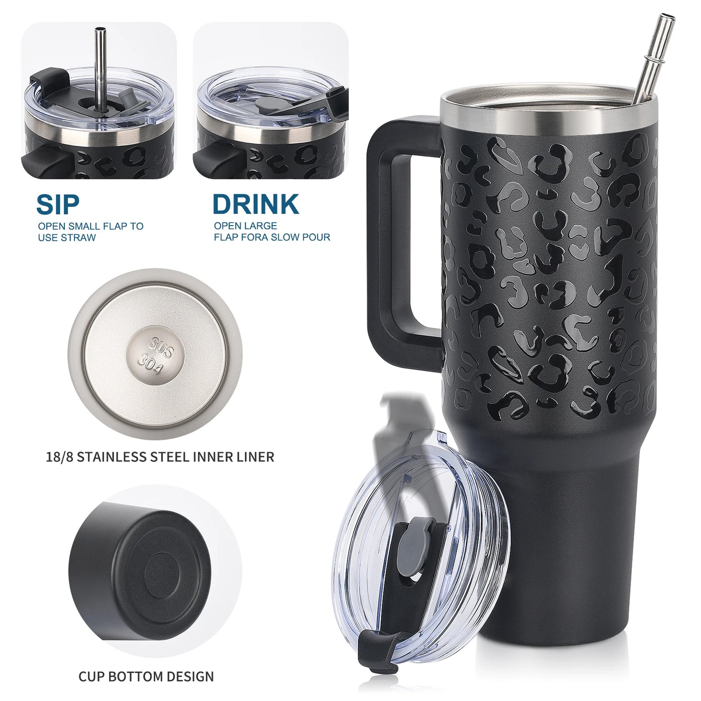 900/1200ml Large Capacity Stainless Steel Thermal Cup with Handle & Straw – 40oz Double-Wall Insulated Travel Tumbler Mug