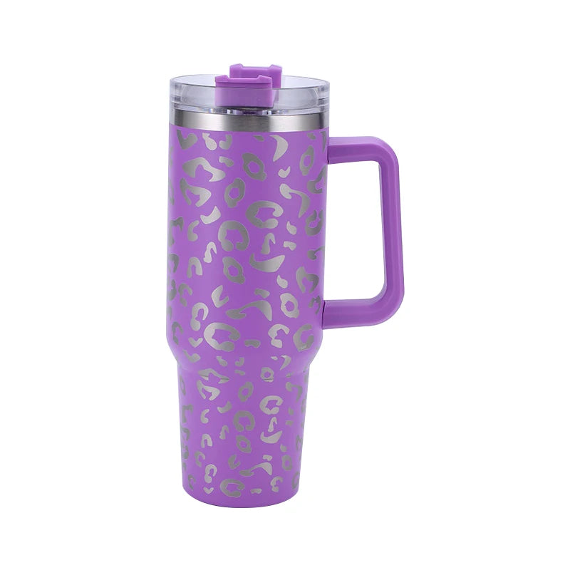 40oz Leopard Print Stainless Steel Insulated Car Tumbler with Handle & Straw – Coffee Thermos Travel Mug