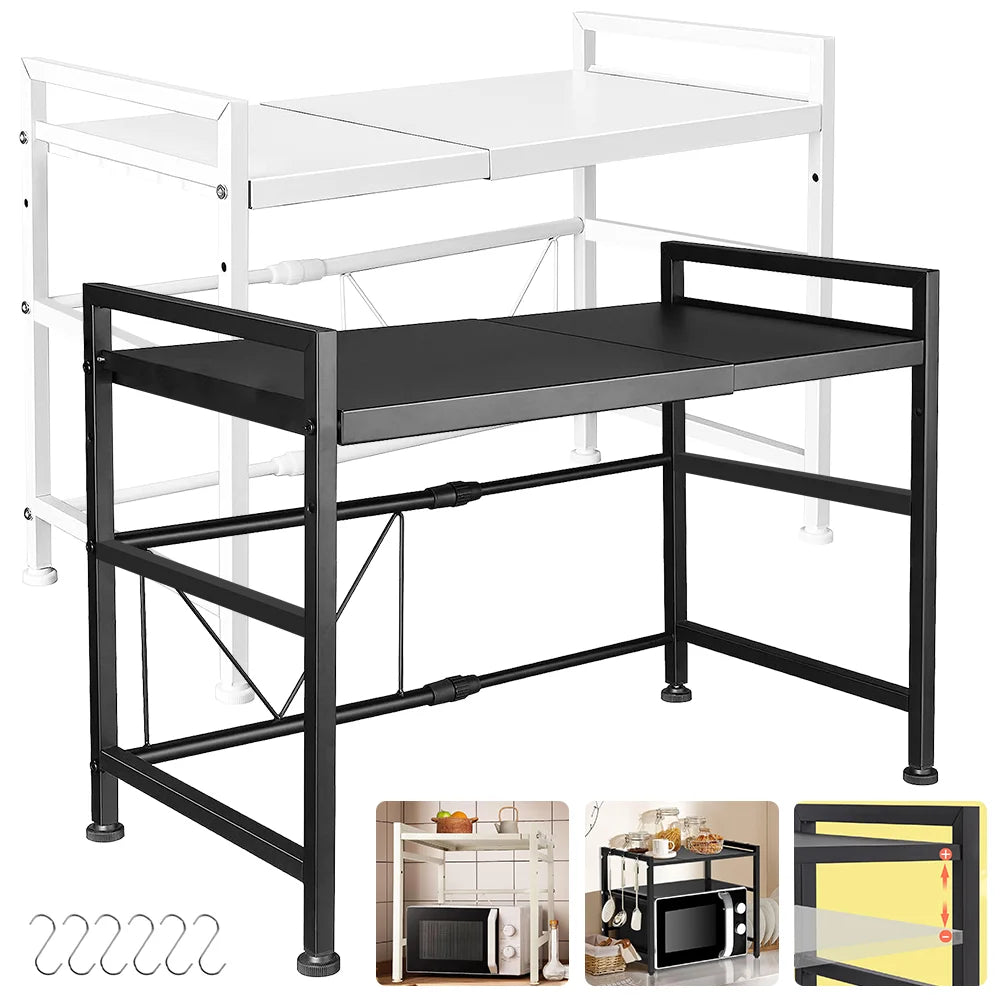 Tier Microwave Shelf – Carbon Steel Expandable Rack with 6 Hooks (White/Black)