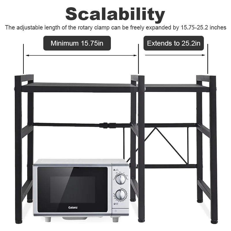 Tier Microwave Shelf – Carbon Steel Expandable Rack with 6 Hooks (White/Black)