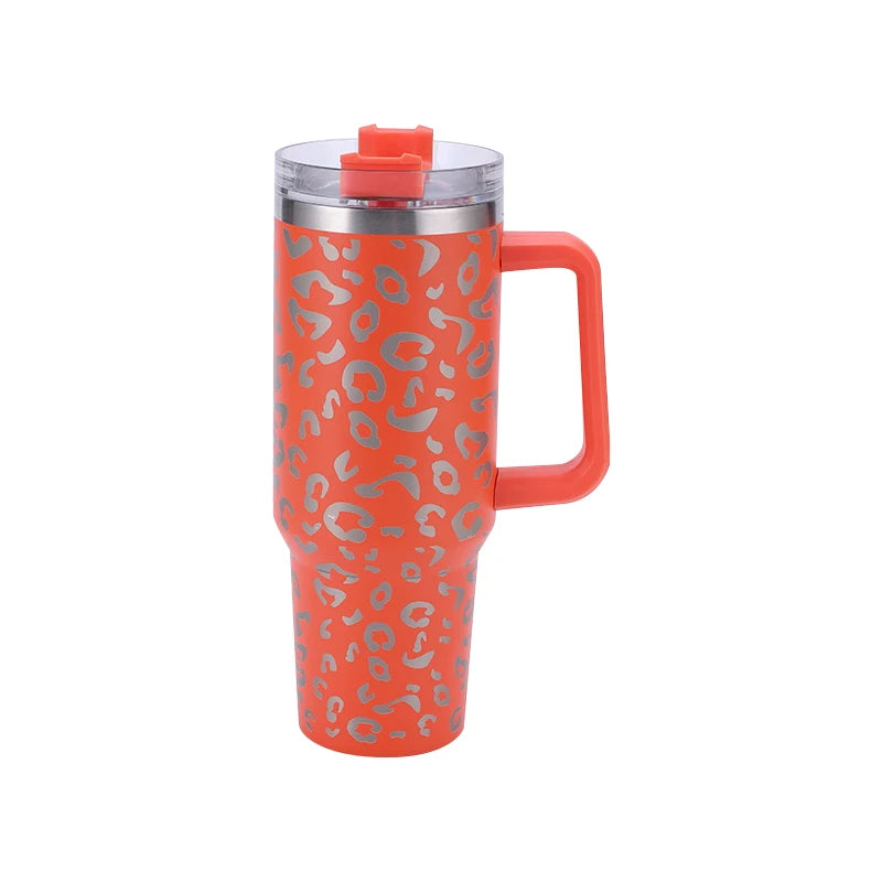 40oz Leopard Print Stainless Steel Insulated Car Tumbler with Handle & Straw – Coffee Thermos Travel Mug