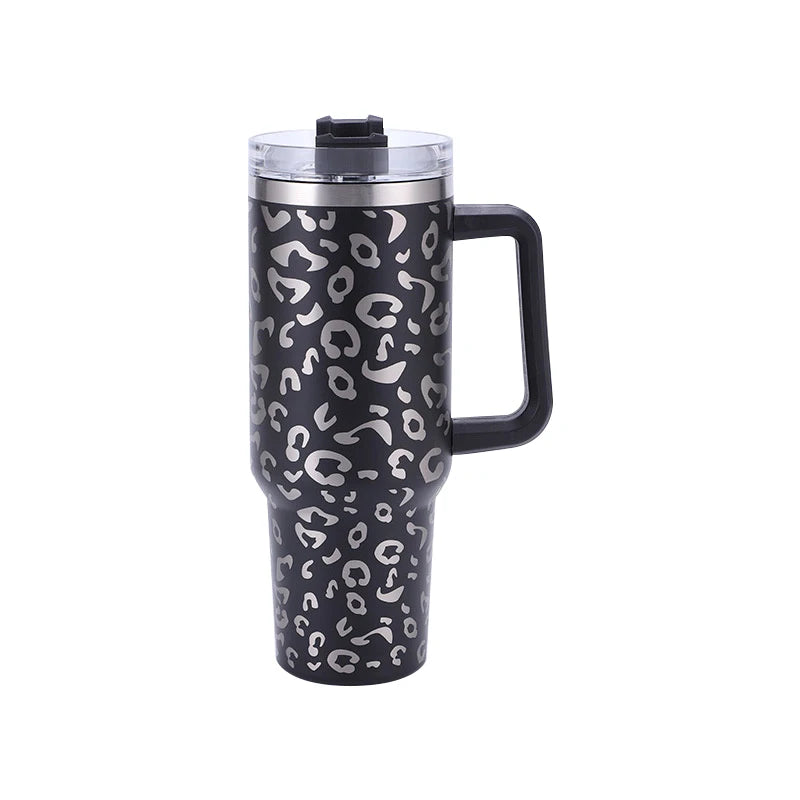 40oz Leopard Print Stainless Steel Insulated Car Tumbler with Handle & Straw – Coffee Thermos Travel Mug