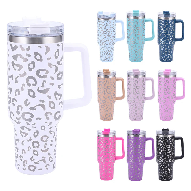 40oz Leopard Print Stainless Steel Insulated Car Tumbler with Handle & Straw – Coffee Thermos Travel Mug
