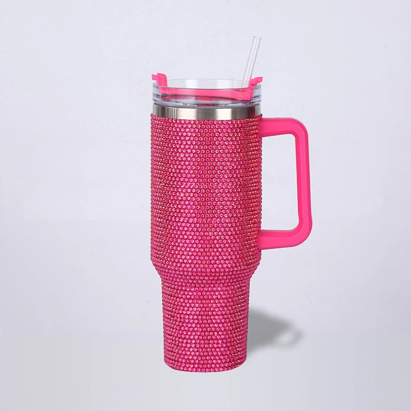 Thermos Vacuum Cup Shiny Diamonds Coffee Insulated Bottle with Handle Stainless Steel Car Mug Maintains Heat Cold 40oz Bottle