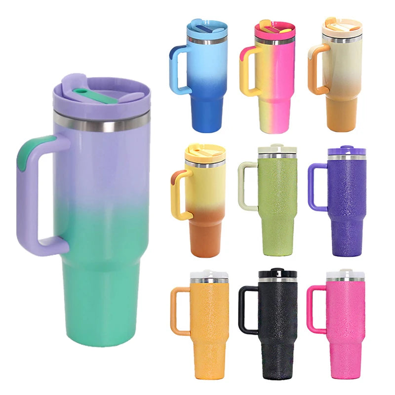 40oz Leopard Print Stainless Steel Insulated Car Tumbler with Handle & Straw – Coffee Thermos Travel Mug