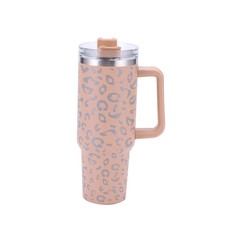 40oz Leopard Print Stainless Steel Insulated Car Tumbler with Handle & Straw – Coffee Thermos Travel Mug