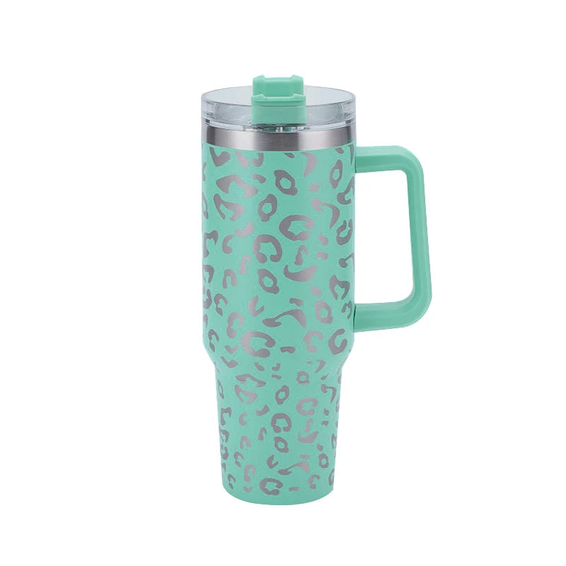 40oz Leopard Print Stainless Steel Insulated Car Tumbler with Handle & Straw – Coffee Thermos Travel Mug