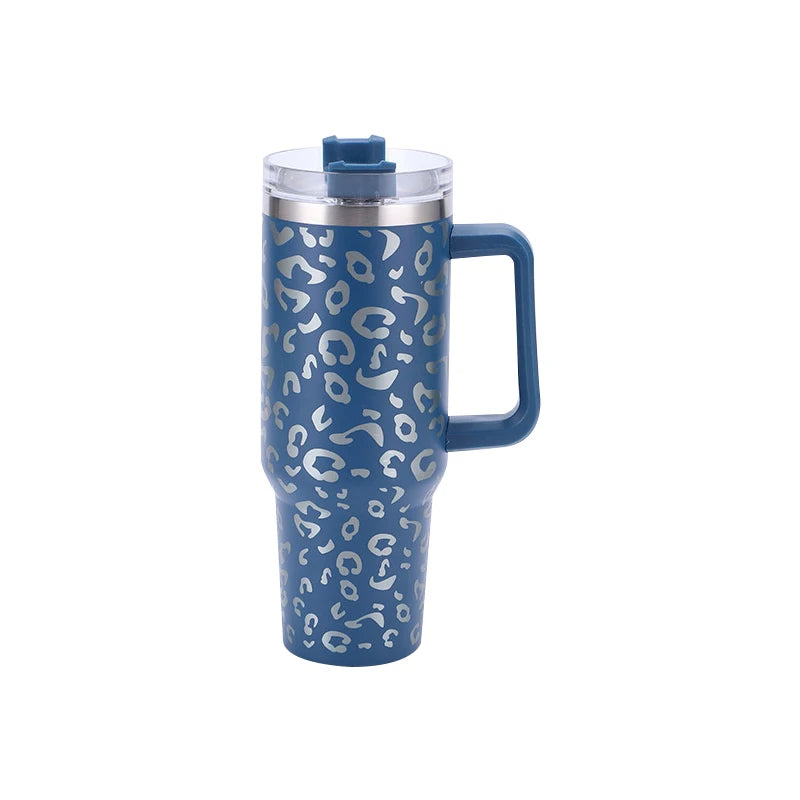 40oz Leopard Print Stainless Steel Insulated Car Tumbler with Handle & Straw – Coffee Thermos Travel Mug