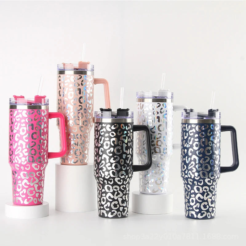 40oz Leopard Print Stainless Steel Insulated Car Tumbler with Handle & Straw – Coffee Thermos Travel Mug