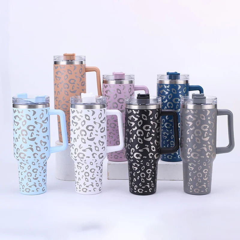 40oz Leopard Print Stainless Steel Insulated Car Tumbler with Handle & Straw – Coffee Thermos Travel Mug