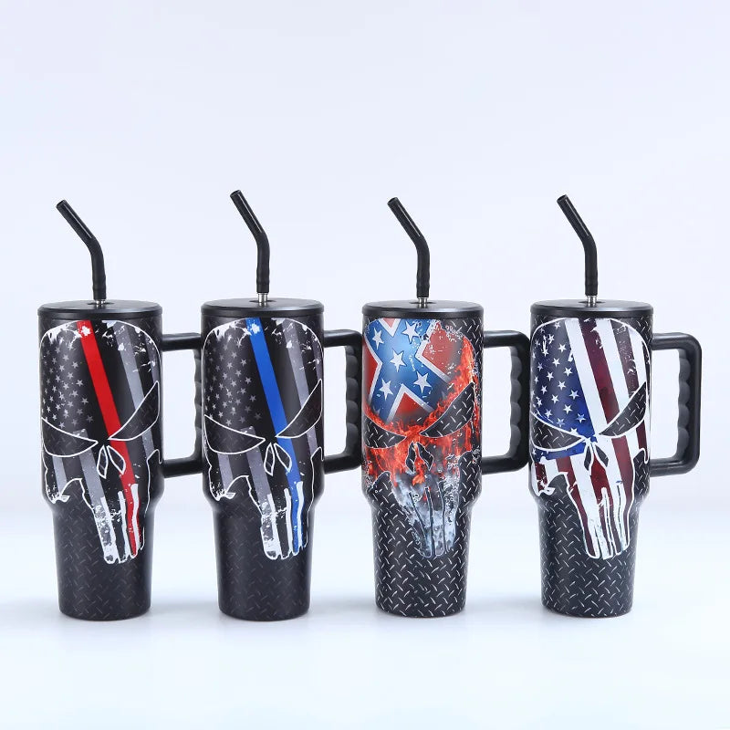 40oz Leopard Print Stainless Steel Insulated Car Tumbler with Handle & Straw – Coffee Thermos Travel Mug