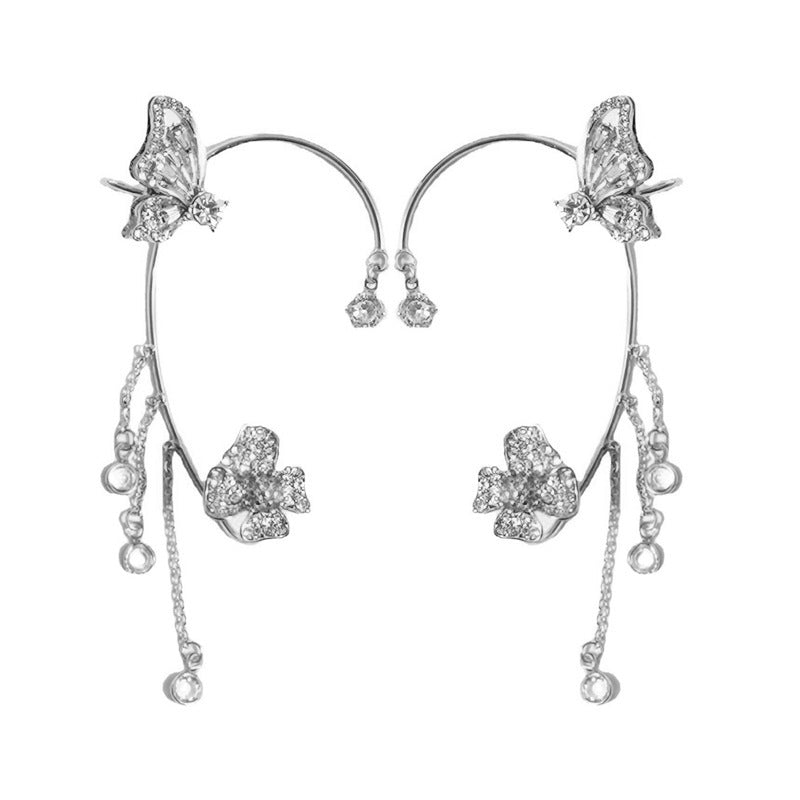 Light And Luxurious Full Zirconium Butterfly Flower Tassel Earrings Without Pierced Color Preservation